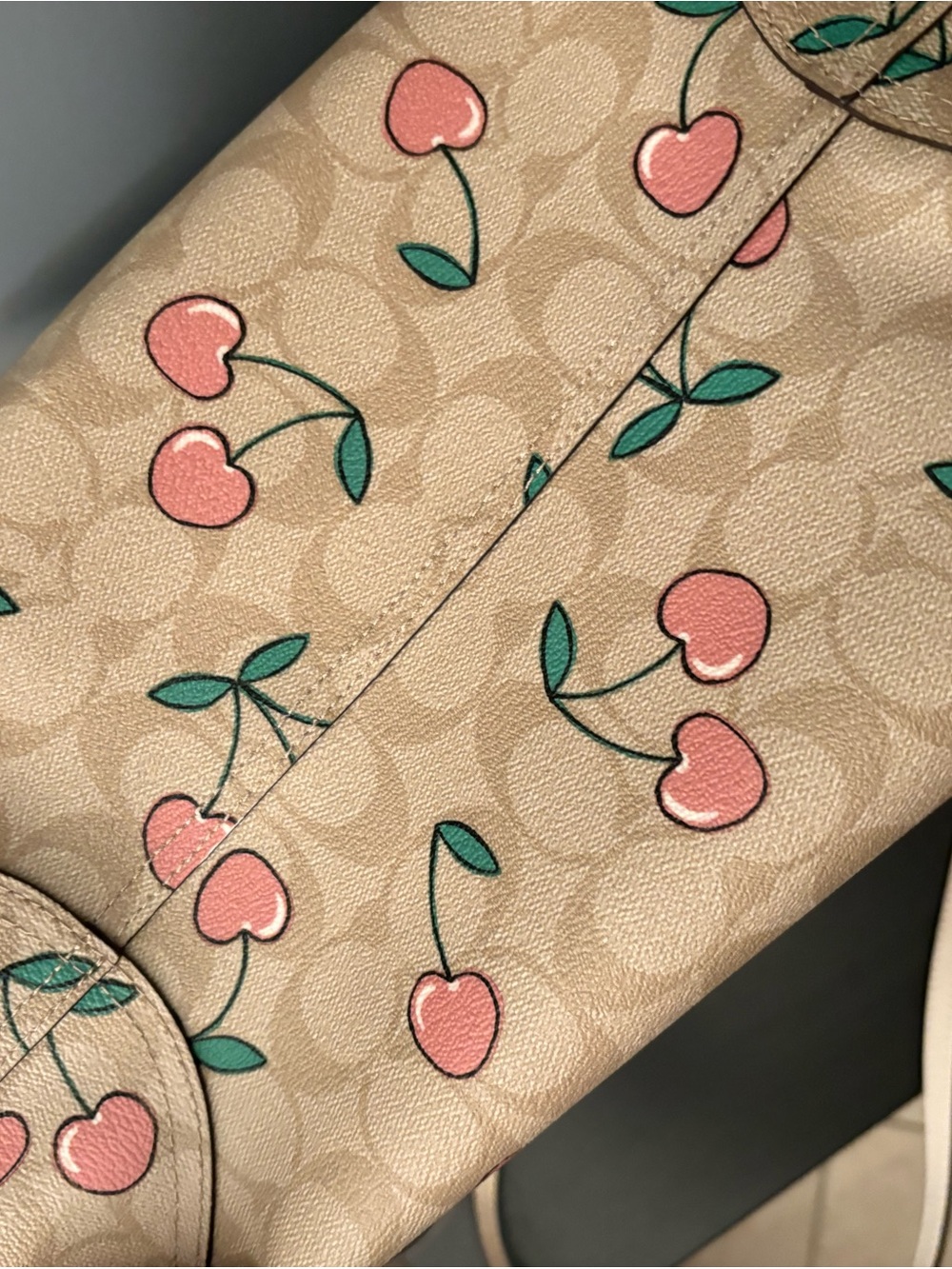 Cherry Print Tote Bag in Beige and Pink - Picture 4 of 6